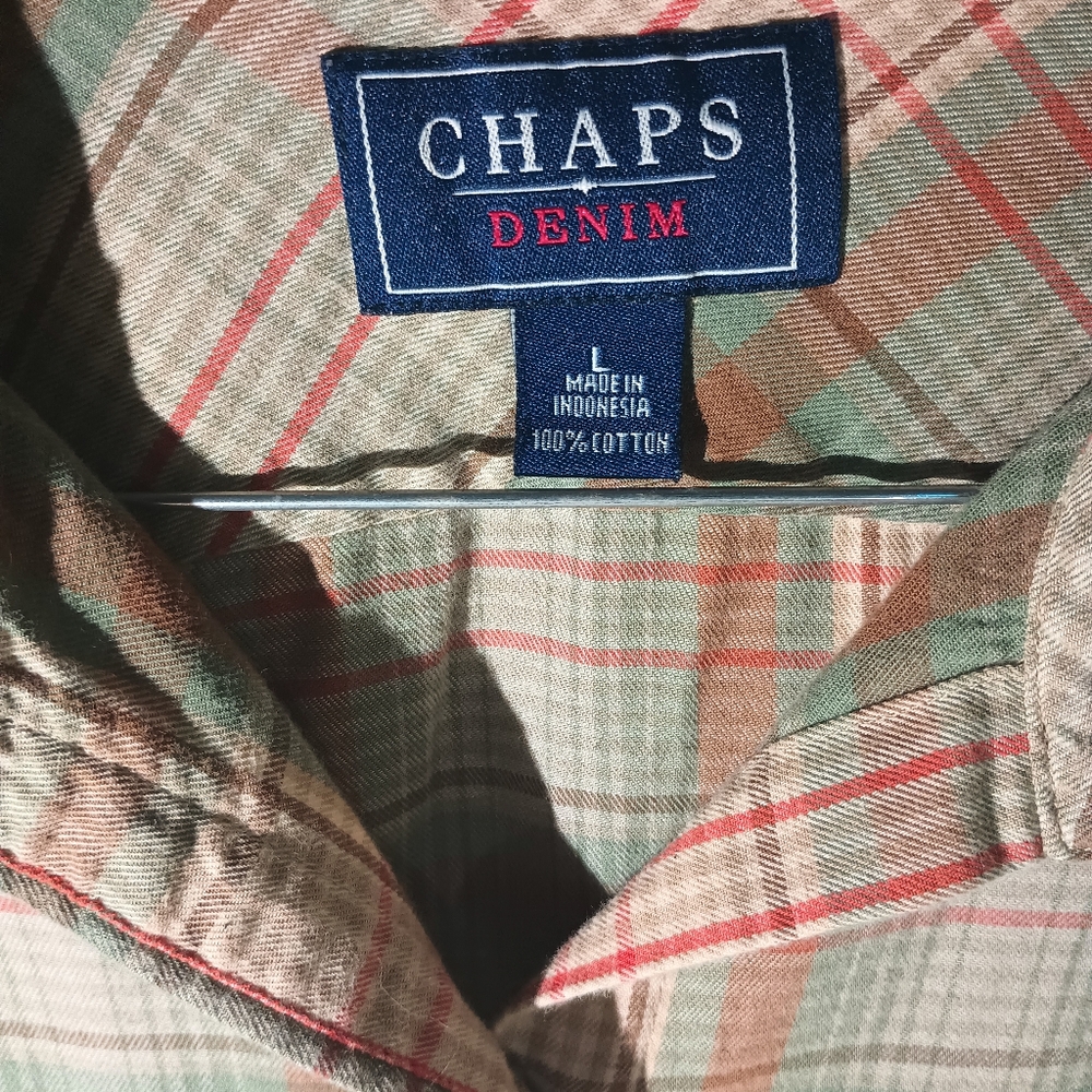 Chaps Denim Blue Red Tan Plaid Long Sleeve Mens Shirt 100%Cotton Sz L